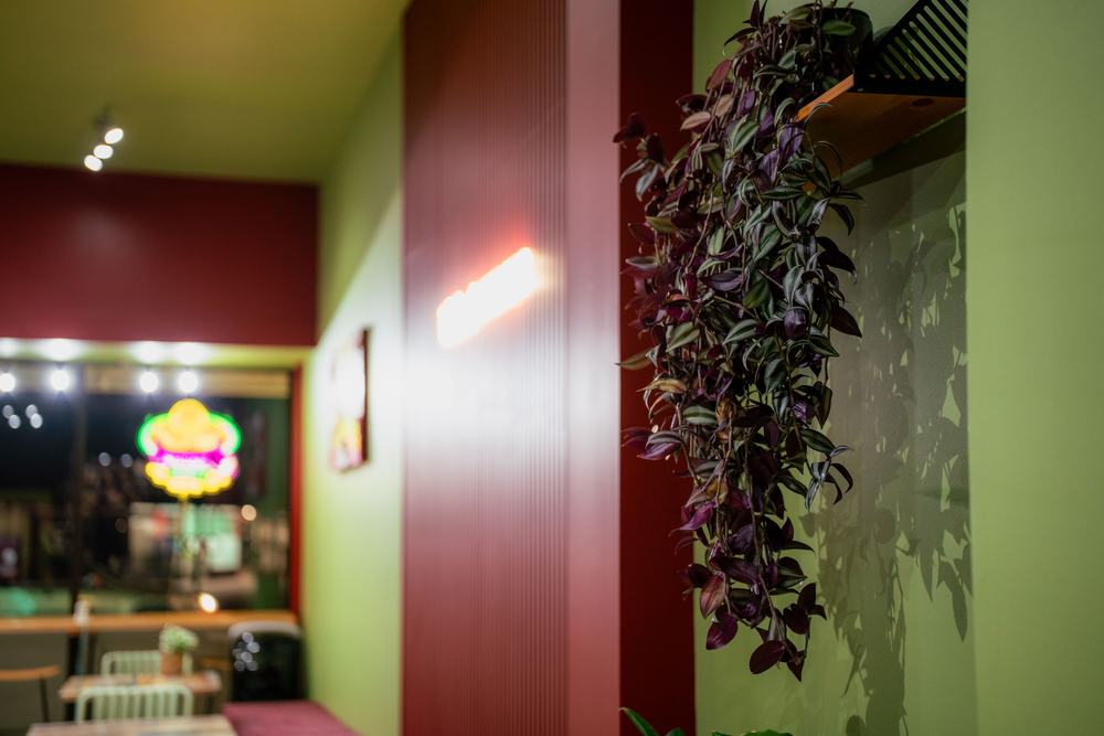 The caf&eacute; interior after dark