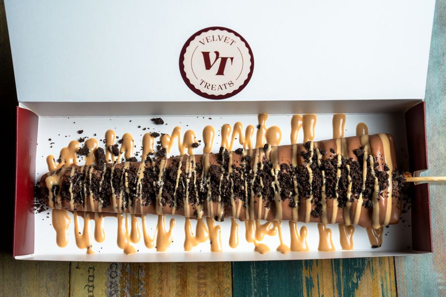 Velvet Wand with oreo crumb and caramel drizzle